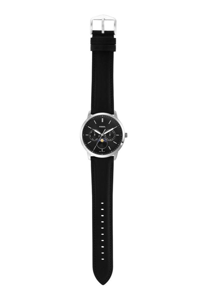Fossil Neutra FS5904 watch worn on wrist, displaying full strap and black leather band