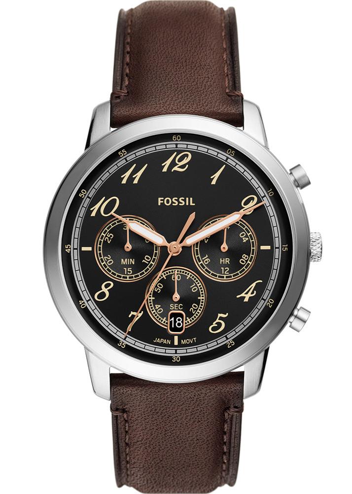 Fossil Neutra chronograph men's watch with black dial, gold numerals, three subdials, and brown leather strap