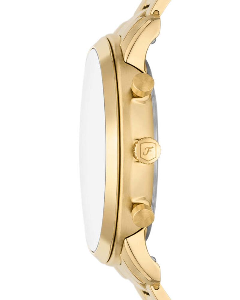 Side profile of Fossil Neutra watch showing gold-tone case and stainless steel construction