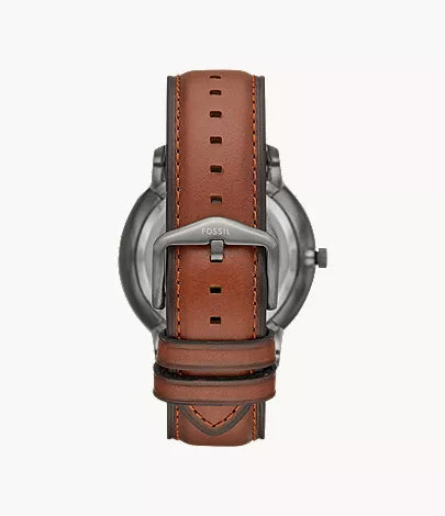 Fossil Neutra ME3161 caseback showing stainless steel with amber leather strap