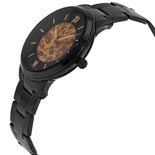 Fossil Neutra watch angled view displaying skeleton dial and black bracelet