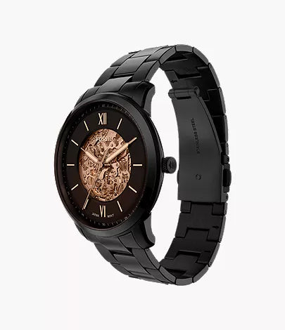 Fossil Neutra skeleton watch side angle showing dial and black bracelet