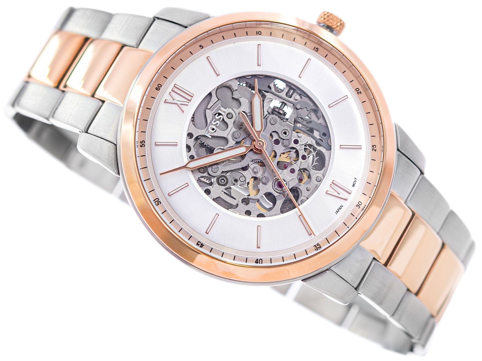 Fossil Neutra ME3196 automatic skeleton watch angled view showing white dial and rose gold bezel