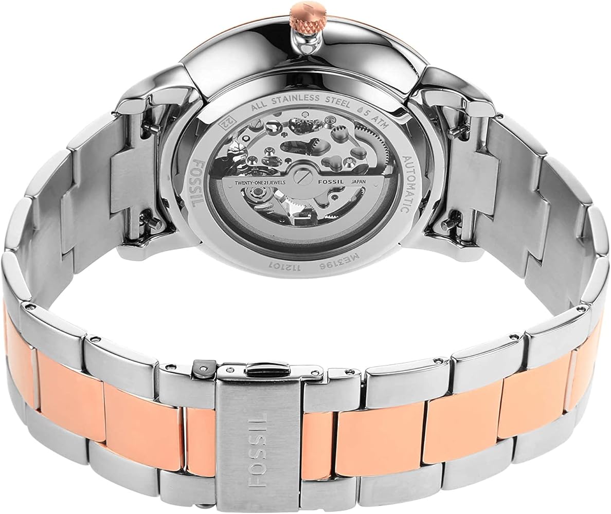 Fossil Neutra ME3196 caseback showing automatic skeleton movement mechanism