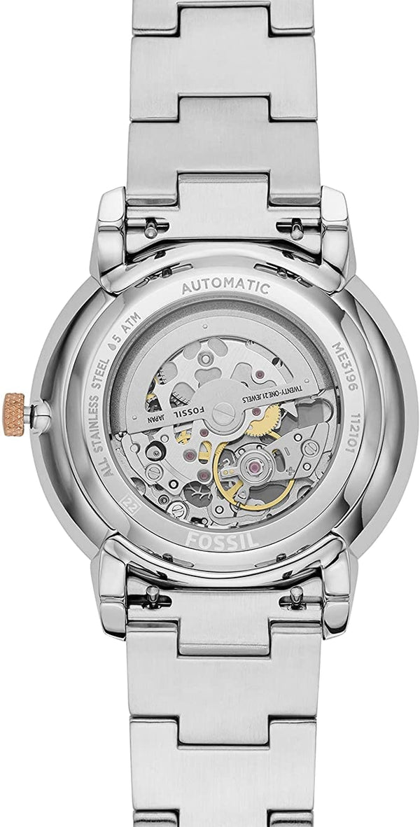 Fossil Neutra ME3196 dial-detail showing automatic skeleton movement and white dial