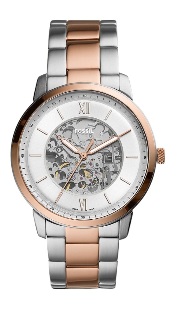 Fossil Neutra ME3196 automatic skeleton watch with white dial and two-tone steel strap