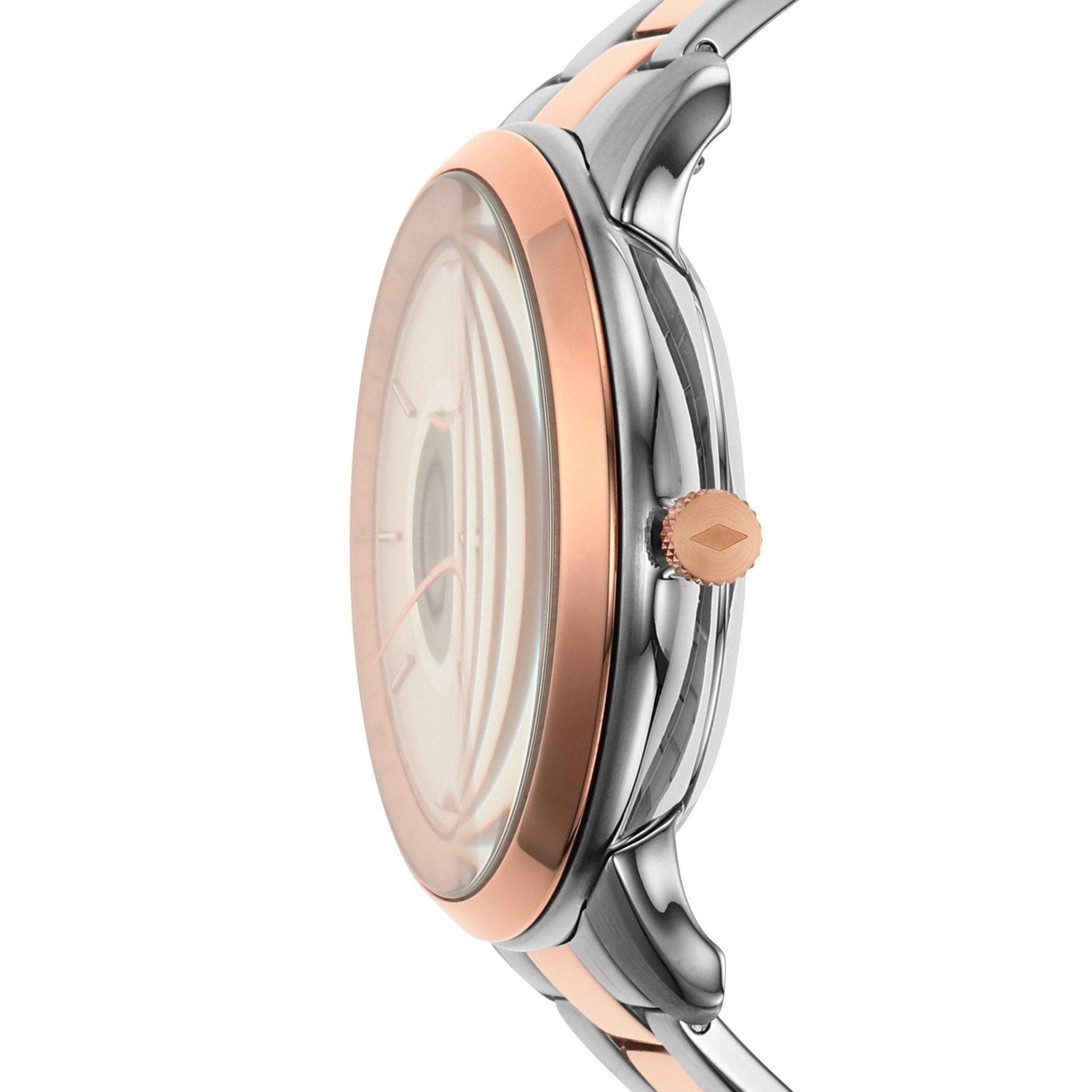 Fossil Neutra ME3196 watch side profile showing two-tone steel and rose gold case