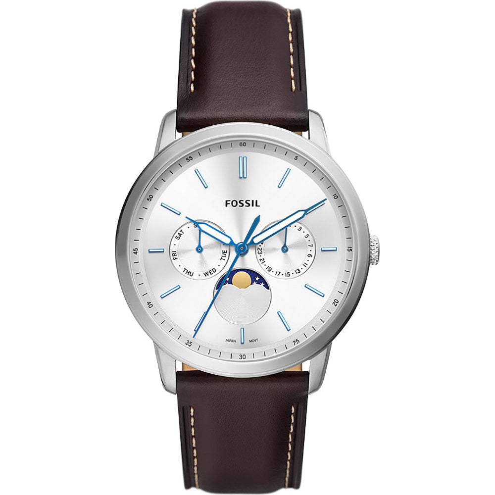 Fossil Neutra moonphase men's watch with silver case, white dial, blue hands, and brown leather strap