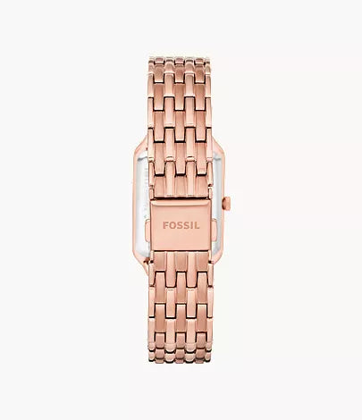 Fossil Raquel watch caseback showing rose gold-tone stainless steel bracelet and case back