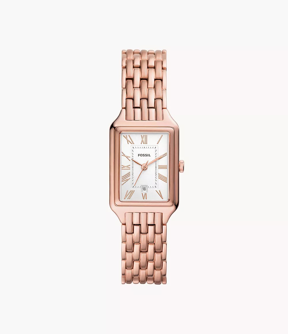 Fossil Raquel watch front view showing rectangular white dial with Roman numerals and date window