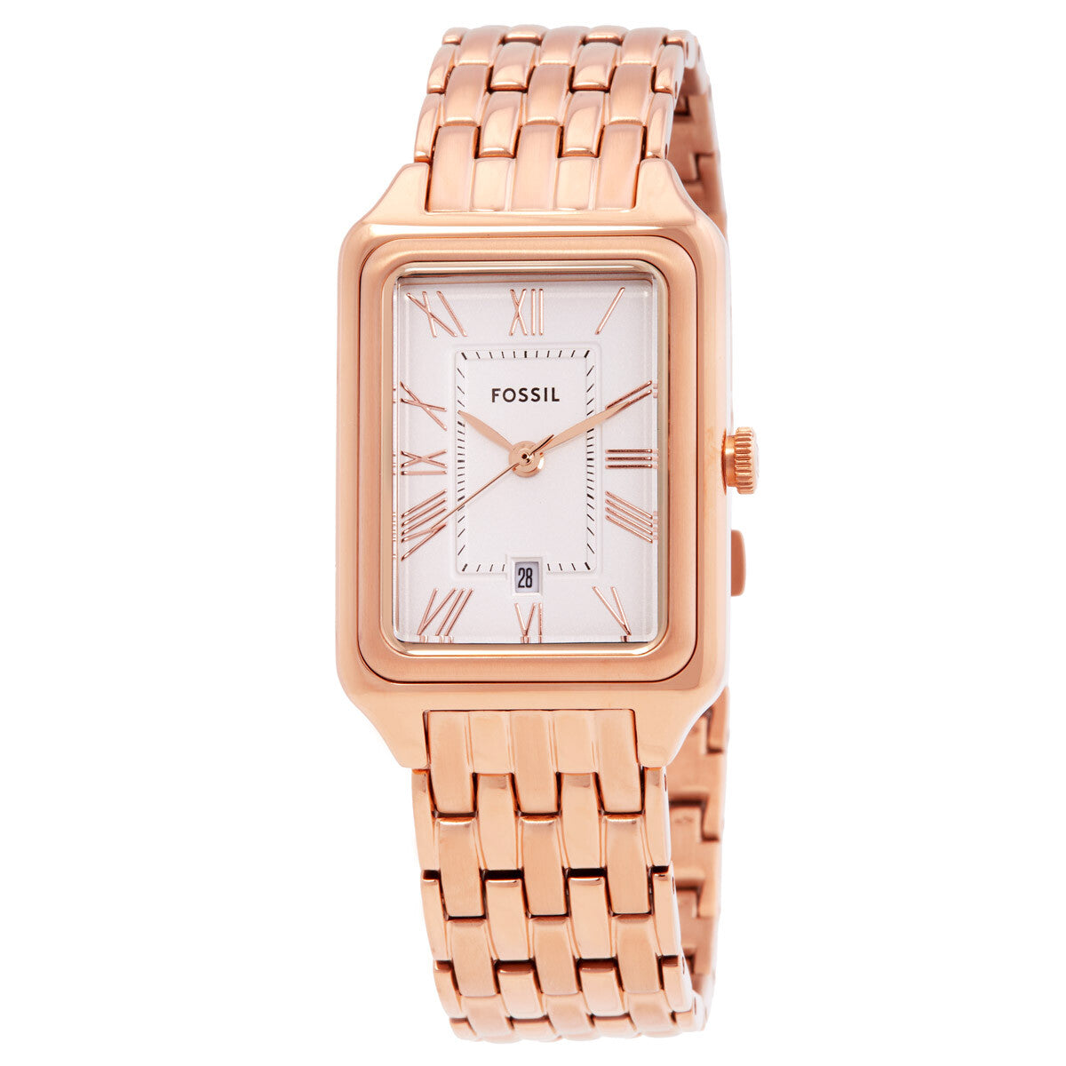 Fossil Raquel rose gold-tone stainless steel watch with white dial and Roman numeral markers