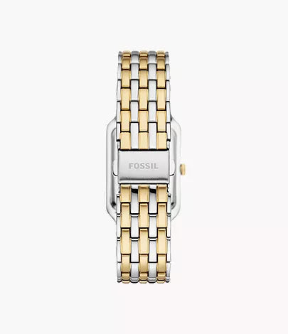 Fossil Raquel ES5305 watch caseback showing two-tone stainless steel bracelet