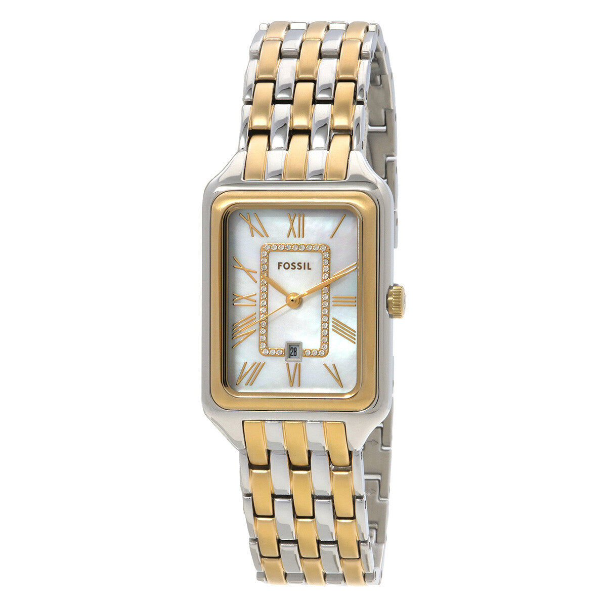 Fossil Raquel two-tone stainless steel watch with rectangular white dial and Roman numerals