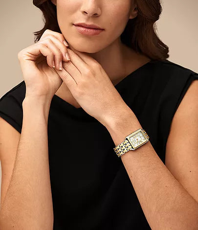 Fossil Raquel ES5305 watch worn on wrist, two-tone bracelet and rectangular case