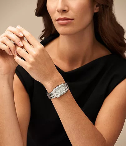 Fossil Raquel stainless steel watch worn on wrist of woman