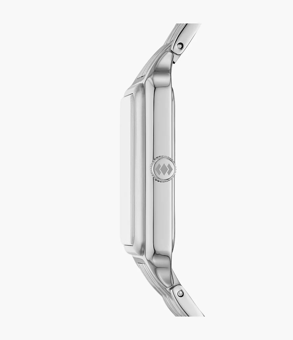 Side profile view of Fossil Raquel rectangular watch case and bracelet