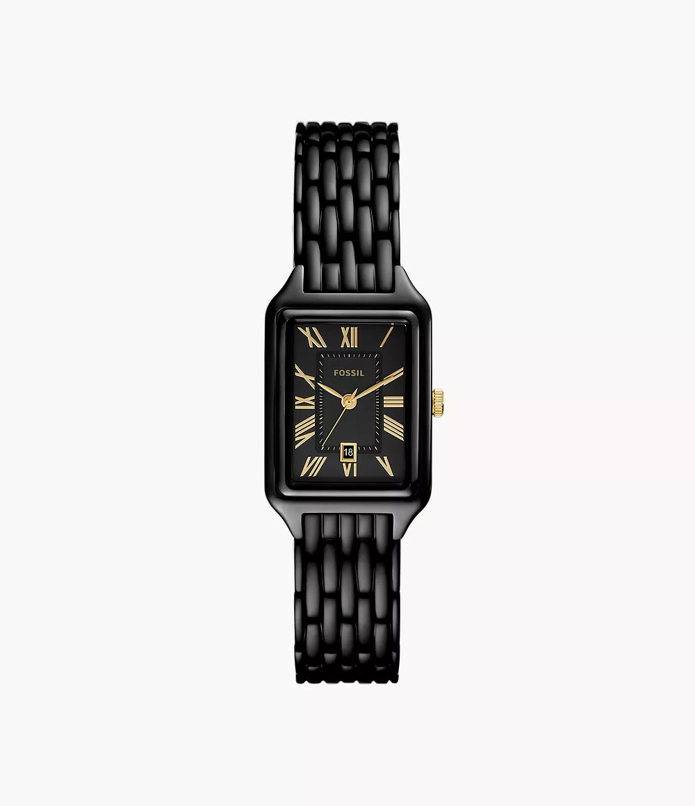 Fossil Raquel ES5385 rectangular black dial watch with Roman numerals and three-hand date movement