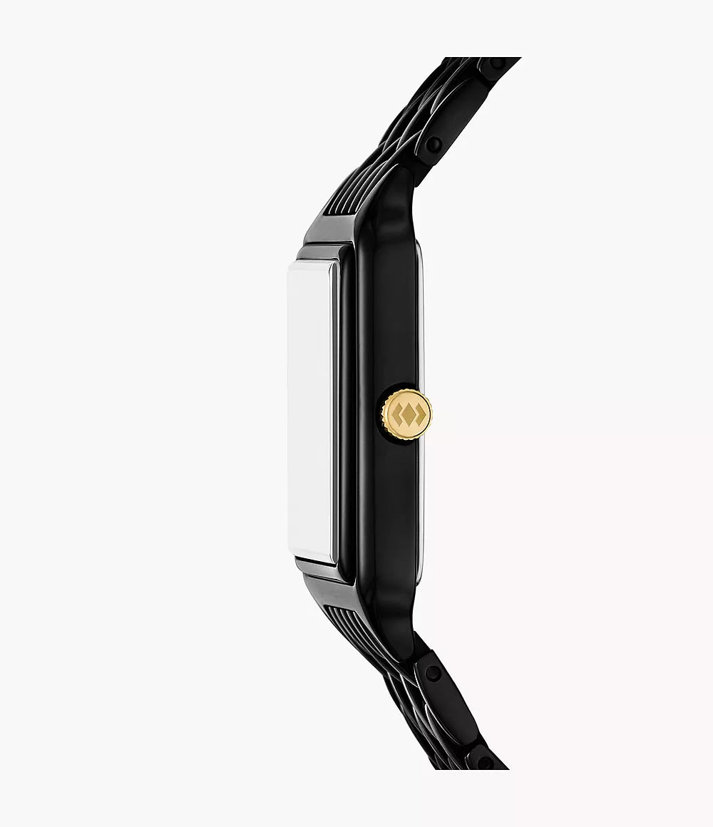 Side view of Fossil Raquel ES5385 showing rectangular case profile and gold-tone crown