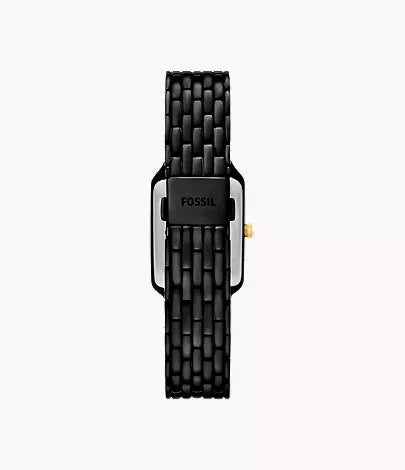 Black stainless steel link bracelet strap of Fossil Raquel watch with Fossil logo buckle