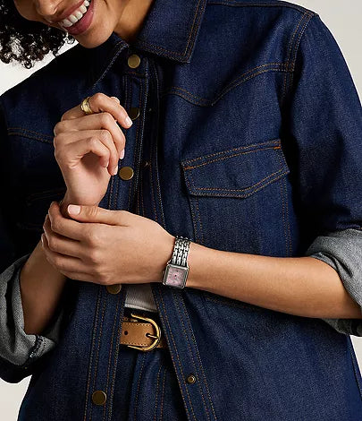 Fossil Raquel ES5401 watch on wrist with stainless steel link bracelet