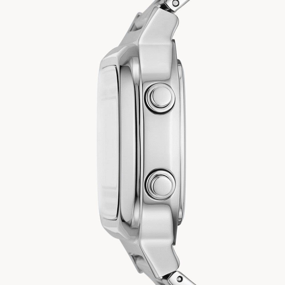 Fossil FS5844 retro digital watch from side angle displaying chronograph pusher buttons and band