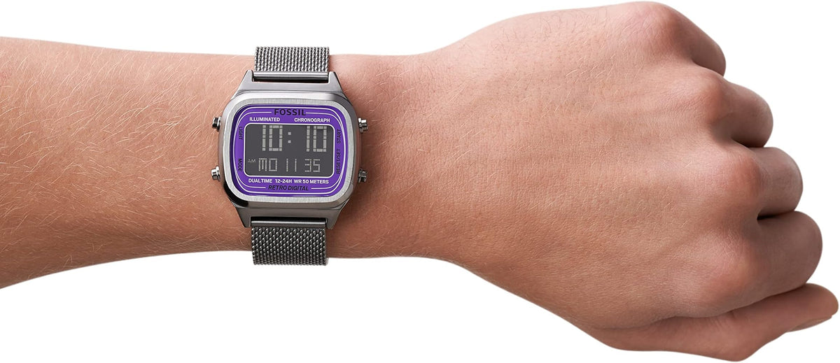 Fossil Retro Digital FS5888 worn on wrist showing digital display and purple bezel