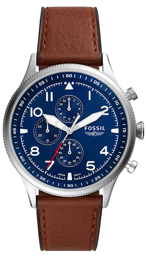 Fossil Retro Pilot chronograph watch with blue dial, white markers, and brown leather strap