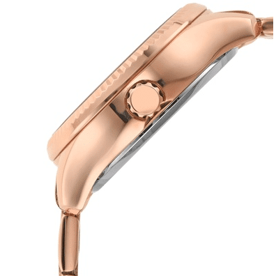 Angled view of Fossil Rye skeleton watch with rose gold case, bezel, and steel strap