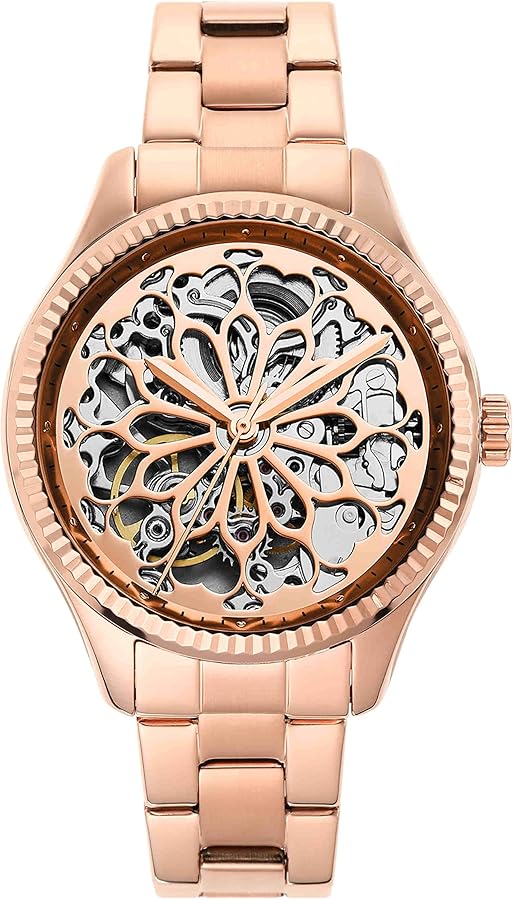 Fossil Rye women's automatic skeleton watch with rose gold tone case and steel strap, skeletonized dial detail