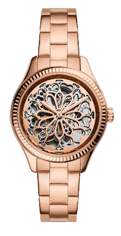 Fossil Rye automatic skeleton watch rose gold dial with visible mechanical movement and rose gold steel strap