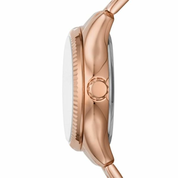 Fossil Rye automatic watch side profile featuring rose gold stainless steel case and crown