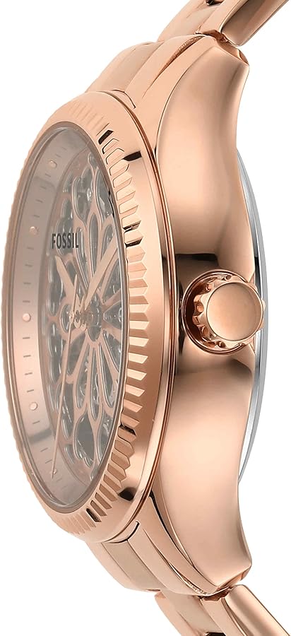 Side view of Fossil Rye watch showing rose gold case profile and crown detail