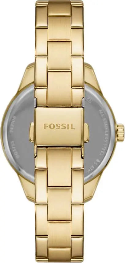Fossil Rye skeleton watch caseback showing gold steel and branding