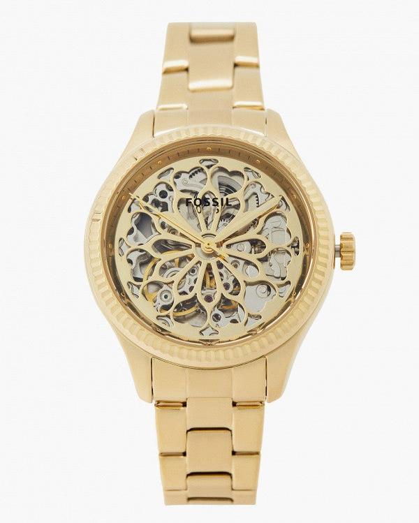 Fossil Rye skeleton watch with exposed automatic movement and ornate dial design