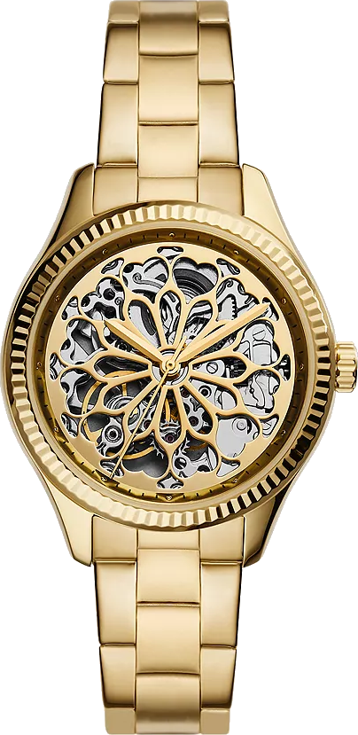 Fossil Rye automatic skeleton gold dial watch with gold steel bracelet, front view