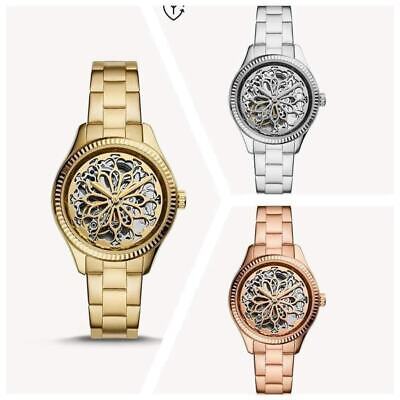 Fossil Rye automatic skeleton watch shown in gold, silver, and rose gold variants