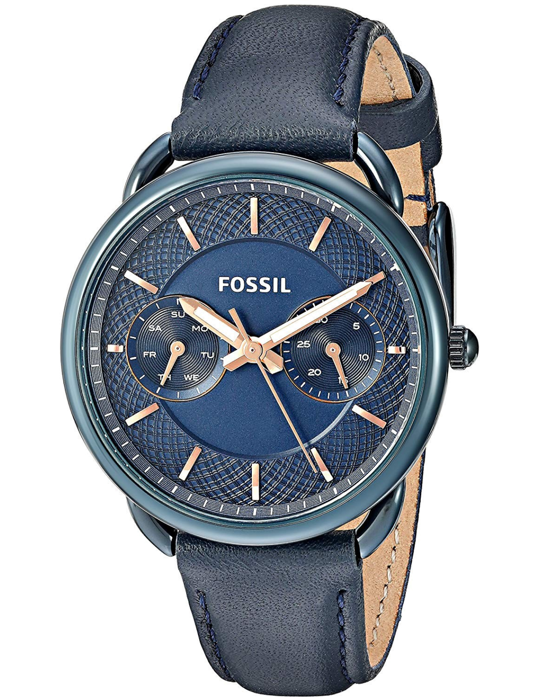 Fossil Tailor ES4092 three-quarter view showing blue leather strap and dial