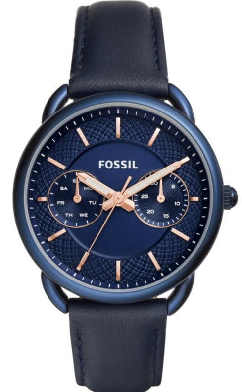 Fossil Tailor women's watch with blue dial and rose gold hands