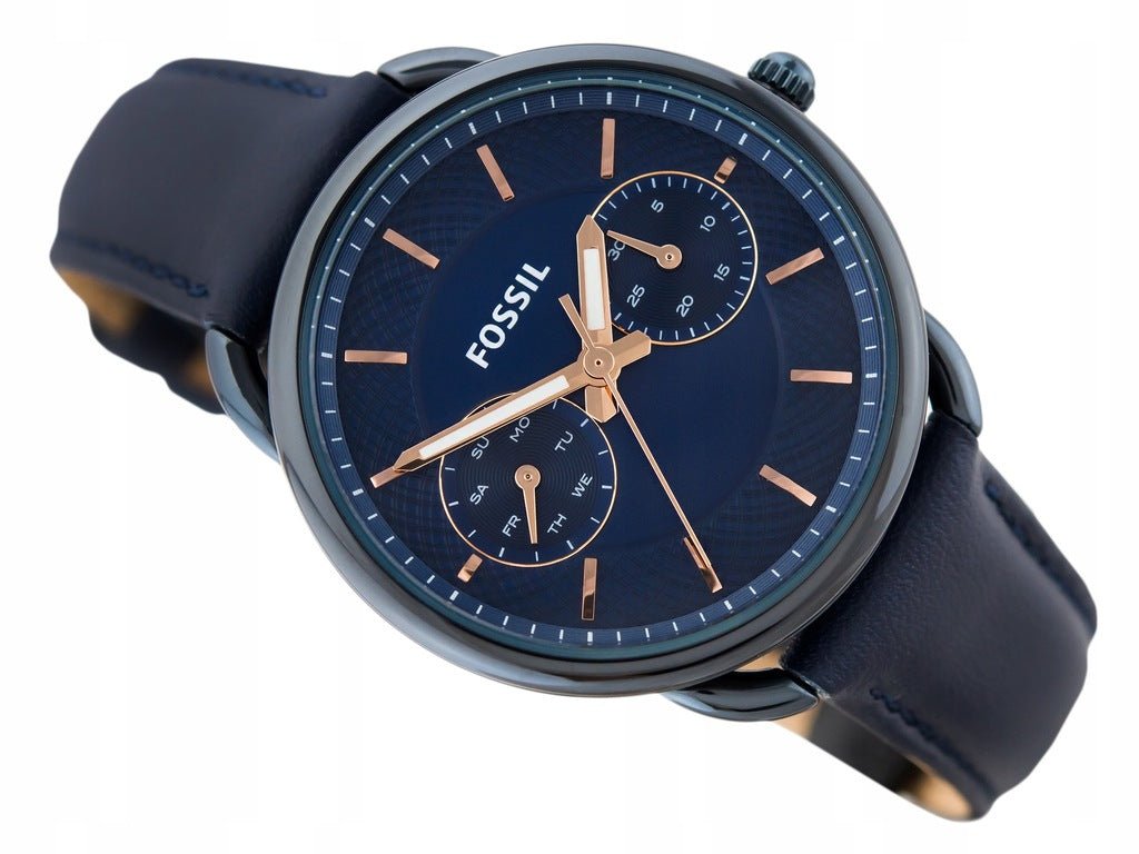 Fossil Tailor ES4092 chronograph watch worn on wrist with blue leather strap