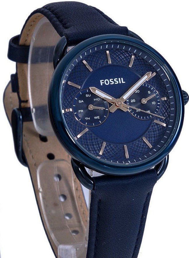Fossil Tailor ES4092 side angle showing blue case and blue leather strap detail