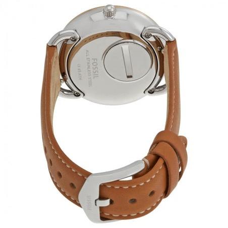 Fossil Tailor ES4257 watch caseback detail with tan leather strap and buckle