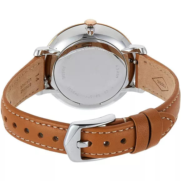 Fossil Tailor ES4257 case back showing stainless steel and tan leather strap