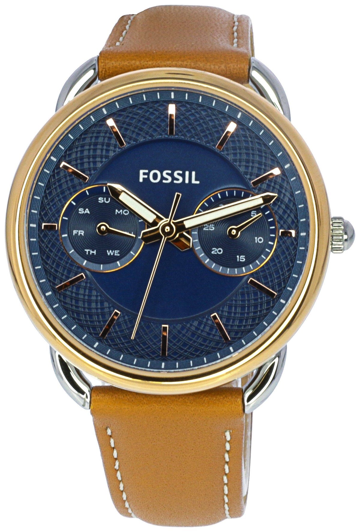 Close-up of Fossil Tailor ES4257 blue dial with date-day subdials and gold hands