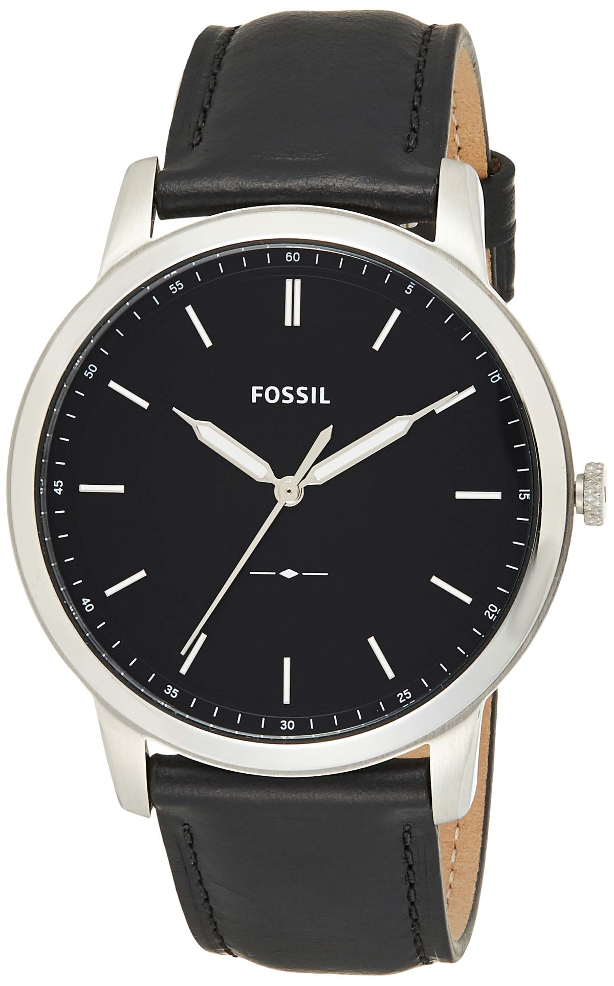 Fossil The Minimalist FS5398 watch at three-quarter angle showing dial, case, and black leather strap