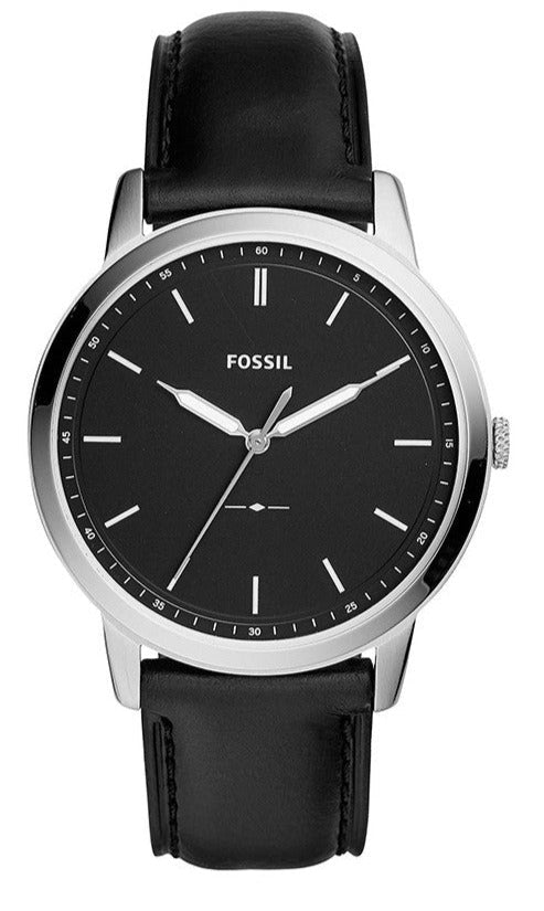 Fossil The Minimalist FS5398 black dial watch with silver-tone case and black leather strap, front view