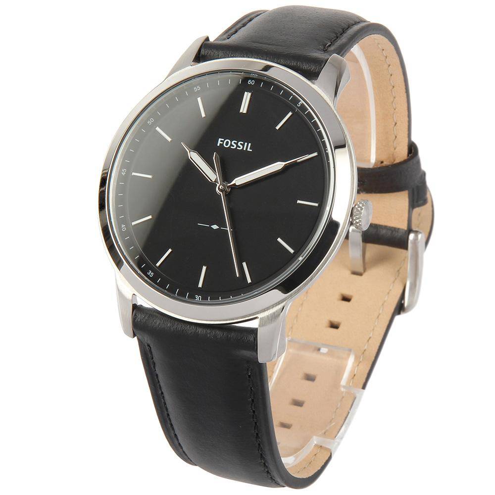 Fossil The Minimalist FS5398 watch side view revealing black leather strap with tan leather backing