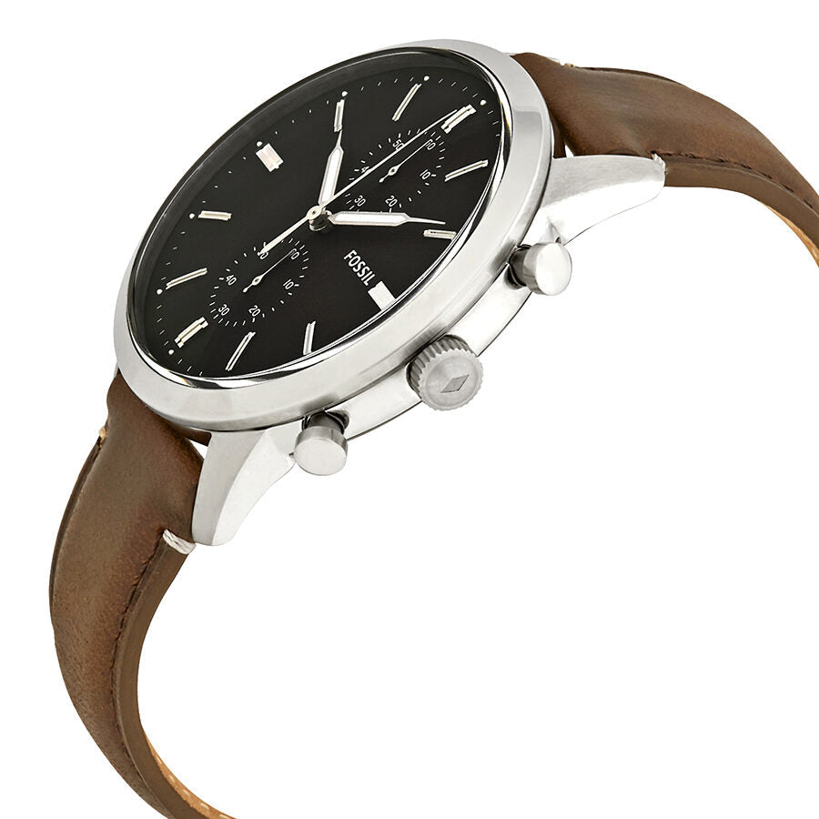 Fossil Townsman chronograph angle view showing silver case and brown leather strap