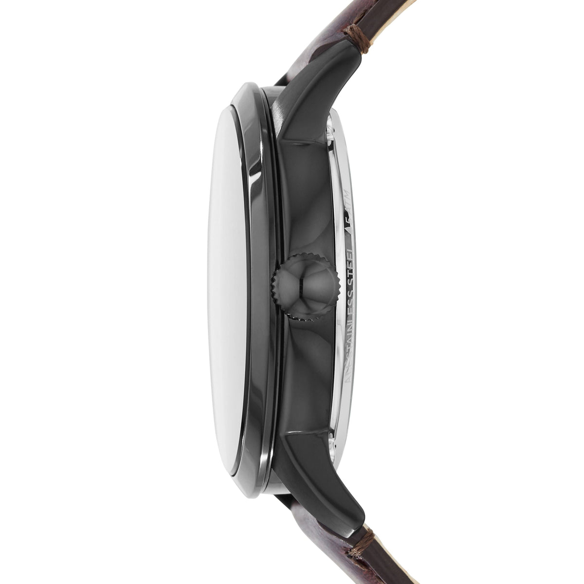Fossil Townsman men's watch side profile showing case thickness and brown leather strap