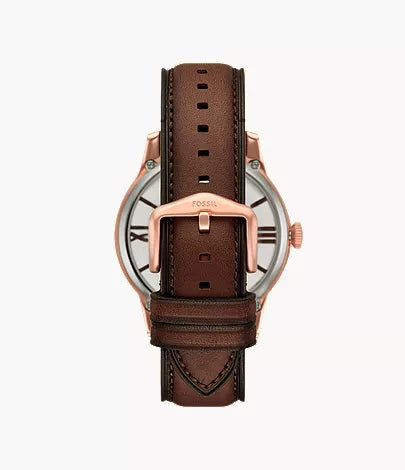 Fossil Townsman watch caseback view showing brown leather strap and case back