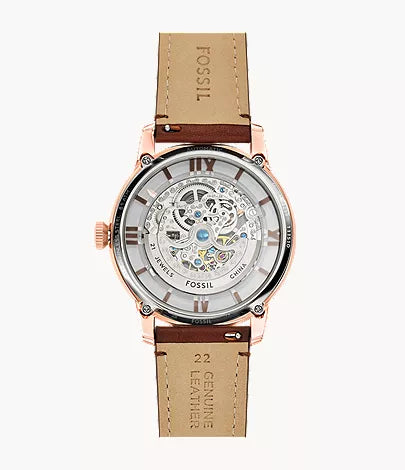 Fossil Townsman automatic skeleton watch flat lay from above with tan leather strap